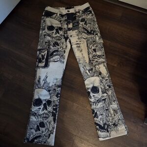 NWT Rebel Vengeance Men's Tapestry Skull Cargo Pants Skeleton Fringe Goth